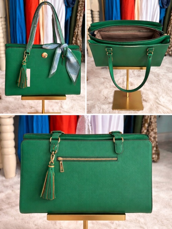 Handbags - Green Structured Tote Handbag with Tassel Accent